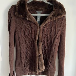 Y2K Style Fuzzy Collar Brown Cardigan Sweater